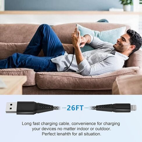 سلك شاحن iPhone طويل للغاية 20FT/6M [معتمد من Apple MFi]، كابل Lightning طويل، شاحن طويل مجدول من النايلون 2.4A لهاتف iPhone 14 13 Pro 12 11 X XS Max in Kuwait