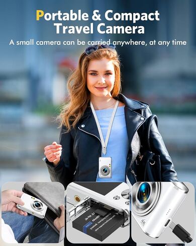 كاميرا رقمية FHD 4K 48MP كاميرا تسجيل فيديو مع ضبط تلقائي للصورة كاميرا مزدوجة 16X تكبير رقمي مع بطاقة 32 جيجابايت كاميرات رقمية صغيرة للصور كاميرا سفر مدمجة محمولة للأطفال الأولاد والبنات والمراهقين، أبيض in Kuwait