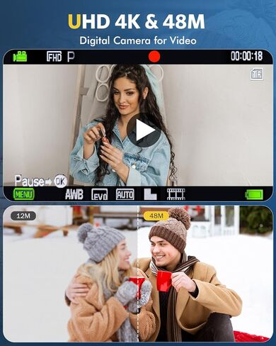 كاميرا رقمية FHD 4K 48MP كاميرا تسجيل فيديو مع ضبط تلقائي للصورة كاميرا مزدوجة 16X تكبير رقمي مع بطاقة 32 جيجابايت كاميرات رقمية صغيرة للصور كاميرا سفر مدمجة محمولة للأطفال الأولاد والبنات والمراهقين، أبيض in Kuwait