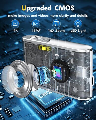 كاميرا رقمية FHD 4K 48MP كاميرا تسجيل فيديو مع ضبط تلقائي للصورة كاميرا مزدوجة 16X تكبير رقمي مع بطاقة 32 جيجابايت كاميرات رقمية صغيرة للصور كاميرا سفر مدمجة محمولة للأطفال الأولاد والبنات والمراهقين، أبيض in Kuwait
