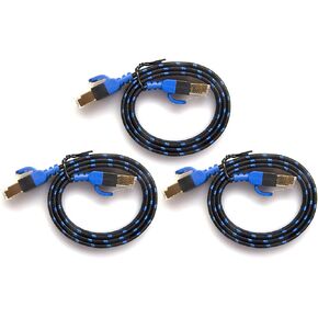 Cat 7 Nylon Braided Black-Blue PT Flat Shielded Ethernet Network Cable (1.6 FT 3 Pack), High Speed 10Gbps LAN Wires Patch Cable with RJ45 Gold Plated Connector Faster Than Cat5/Cat5e/Cat6 (C7F5HBx3)