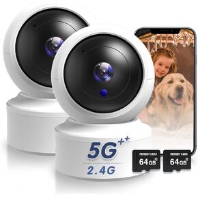 كاميرا أمان داخلية، كاميرا 2K HD Pan/Tilt لاسلكية للحيوانات الأليفة لمراقبة الأطفال، 5G و2.4G WiFi كاميرا أمان منزلية للكلاب/المربية، رؤية ليلية، صفارة إنذار، متوافقة مع Alexa وGoogle 2Pcs (بطاقة SD 64G) in Kuwait