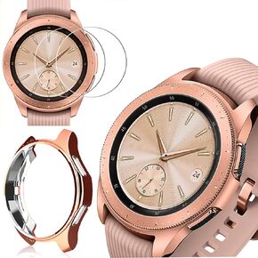 [2+1 Pack] Compatible for Samsung Galaxy Watch 42mm Case Cover with Screen Protector, Soft TPU Plated Protective Bumper Shell + Tempered Glass Screen Cover Film Protector for Galaxy Watch 42mm