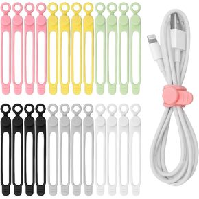 24 PCS Silicone Cable Ties, Catcan Reusable Cord Ties for Electrical Cords, Multipurpose Elastic Cord Organizer Straps for Bundling Fastening Charging Cords Earphone Cable (6 Colors Flower Type)