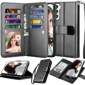 حافظة NJJEX Galaxy S22، حافظة محفظة لهاتف Samsung Galaxy S22، [9 فتحات للبطاقات] حامل بطاقة هوية من جلد البولي يوريثان قابل للفصل [قابل للفصل] غطاء هاتف مغناطيسي وحبل لهاتف Samsung S22 [ذهبي وردي]