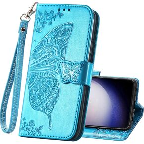 حافظة هاتف سامسونج جالاكسي S23 FE، حافظة واقية من جلد البولي يوريثان قابلة للطي للنساء، حزام معصم، فتحات للبطاقات، حامل جيب مزخرف على شكل فراشة، حامل زهور لهاتف سامسونج جالاكسي S23 FE أرجواني in Kuwait