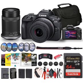 Canon EOS R100 Mirrorless Camera with 18-45mm and 55-210mm Lenses Kit (6052C022) + Filter Kit + Corel Photo Software + Bag + 64GB Card + LPE17 Battery + Charger + Flex Tripod + More (Renewed)