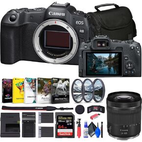 Canon EOS R8 Mirrorless Camera (5803C002) RF 24-105mm Lens + 64GB Memory Card + Filter Kit + Corel Photo Software + Bag + Charger + LPE17 Battery + Card Reader + Flex Tripod + More (Renewed) in Saudi Arabia