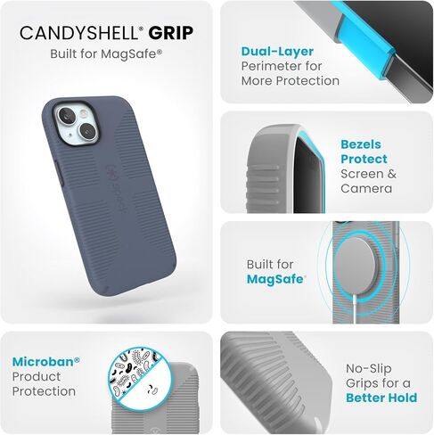 Speck iPhone 15 Case - Built for MagSafe, Drop Protection Grip – for iPhone 15 iPhone 14 & iPhone 13 - Scratch Resistant, Soft Touch, 6.1 Inch Phone Case - CandyShell Grip Black/Slate Grey in Saudi Arabia