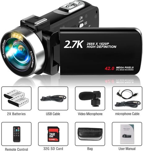 هيجومن كاميرا فيديو مع ميكروفون HD 2.7K مسجل فيديو كاميرا تسجيل فيديو لكاميرا يوتيوب للاطفال مع شاشة LCD 3 انش وتكبير رقمي 18X وجهاز تحكم عن بعد وبطاريتين وبطاقة SD 32G in Kuwait