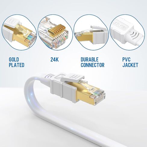كابل Larrok Cat8 Ethernet بطول 15 قدمًا، كابل شبكة LAN مسطح عالي السرعة 40 جيجابت في الثانية 2000 ميجا هرتز مع موصل SFTP RJ45 مطلي بالذهب، كابل شبكة داخلي محمي 26AWG للمودم/جهاز التوجيه/الألعاب in Kuwait
