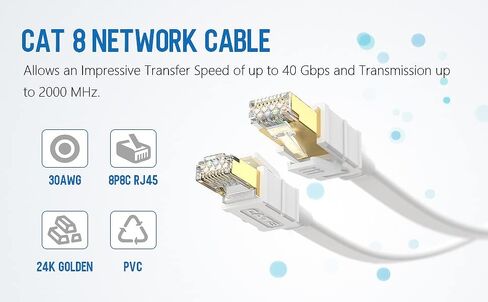كابل إيثرنت Cat 8 بطول 6 أقدام، كابل شبكة LAN مسطح عالي السرعة 40 جيجابت في الثانية 2000 ميجا هرتز مع موصل SFTP RJ45 مطلي بالذهب، كابل شبكة داخلي محمي 26AWG للمودم/جهاز التوجيه/Xbox/PS4/الألعاب/الكمبيوتر الشخصي أسود in Kuwait