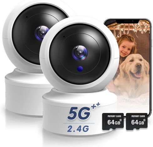 كاميرا أمان داخلية، كاميرا 2K HD Pan/Tilt لاسلكية للحيوانات الأليفة لمراقبة الأطفال، 5G و2.4G WiFi كاميرا أمان منزلية للكلاب/المربية، رؤية ليلية، صفارة إنذار، متوافقة مع Alexa وGoogle 2Pcs (بطاقة SD 64G) in Kuwait