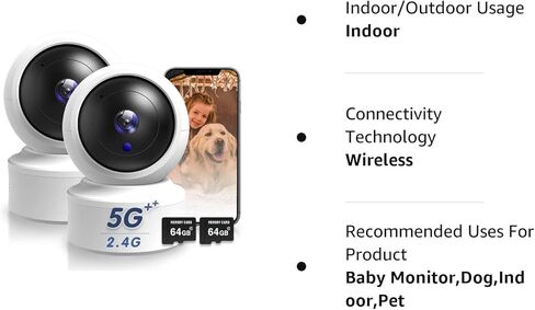 كاميرا أمان داخلية، كاميرا 2K HD Pan/Tilt لاسلكية للحيوانات الأليفة لمراقبة الأطفال، 5G و2.4G WiFi كاميرا أمان منزلية للكلاب/المربية، رؤية ليلية، صفارة إنذار، متوافقة مع Alexa وGoogle 2Pcs (بطاقة SD 64G) in Kuwait