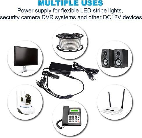 HQRP 12V Power Supply 2A Security Camera AC Power Adapter to 4-Way Power Splitter Cable 100V-240V AC to 12V DC LED Power Adapter Transformers for CCTV AHD DVR Security Camera, RGB LED Strip Light in Saudi Arabia