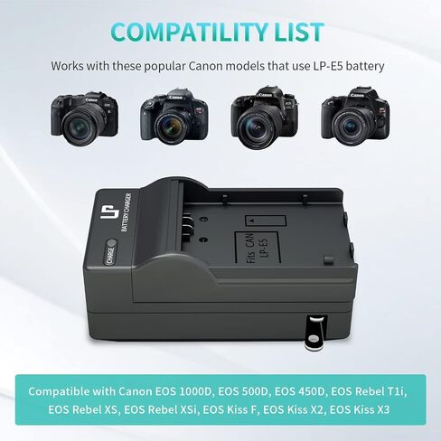 LP LP-E5 Battery Charger, Quick Charger with LED Display, Compatible with Canon EOS 1000D, 500D, 450D, Rebel T1i, XS, XSi, Kiss F, Kiss X2, X3 in Saudi Arabia