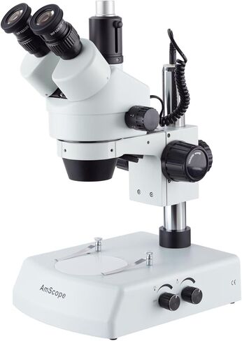 AmScope SM-2TZZ-LED مجهر تكبير ستيريو ثلاثي العينيات احترافي، عدسات WH10x وWH20x، تكبير 3.5X-180X، هدف تكبير 0.7X-4.5X، إضاءة LED علوية وسفلية، حامل عمود، 110 فولت-120 فولت، يشمل 0.5X و2.0X عدسات بارلو in Saudi Arabia
