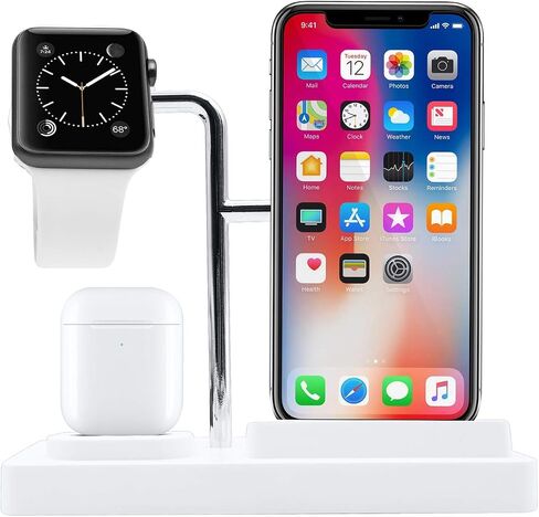 حامل حامل ساعة Macally Airpod iPhone Apple Watch - منزل لأجهزتك - متوافق مع جميع أجهزة iPhone وiWatch وسلسلة Airpod - استخدم كابلات OEM فقط - حامل شحن الهاتف الخلوي 3 في 1 (أبيض) in Saudi Arabia