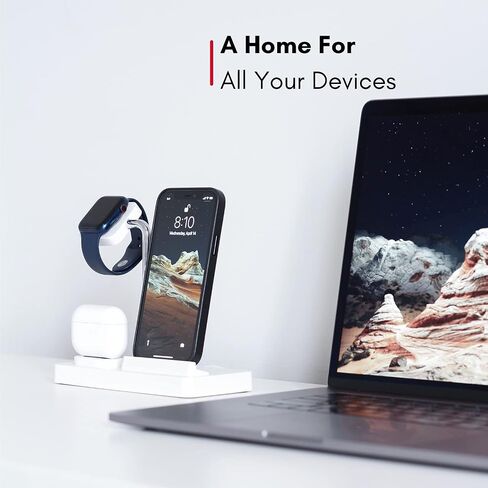 حامل حامل ساعة Macally Airpod iPhone Apple Watch - منزل لأجهزتك - متوافق مع جميع أجهزة iPhone وiWatch وسلسلة Airpod - استخدم كابلات OEM فقط - حامل شحن الهاتف الخلوي 3 في 1 (أبيض) in Saudi Arabia