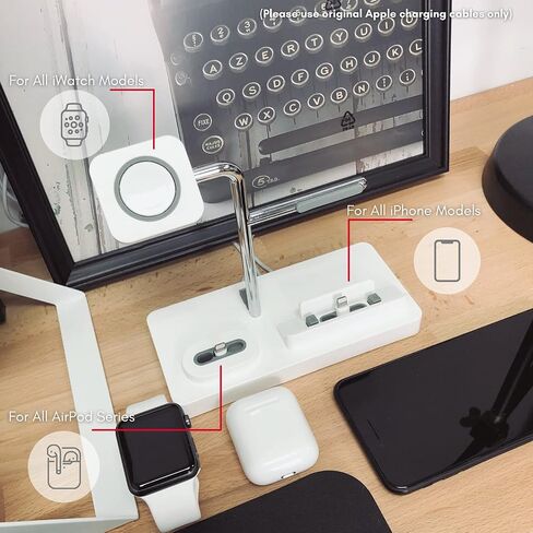 حامل حامل ساعة Macally Airpod iPhone Apple Watch - منزل لأجهزتك - متوافق مع جميع أجهزة iPhone وiWatch وسلسلة Airpod - استخدم كابلات OEM فقط - حامل شحن الهاتف الخلوي 3 في 1 (أبيض) in Saudi Arabia