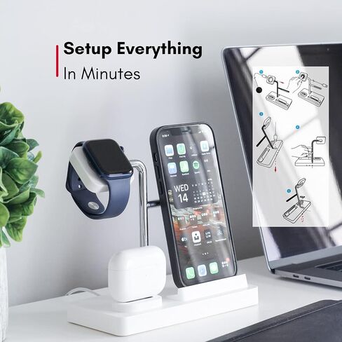 حامل حامل ساعة Macally Airpod iPhone Apple Watch - منزل لأجهزتك - متوافق مع جميع أجهزة iPhone وiWatch وسلسلة Airpod - استخدم كابلات OEM فقط - حامل شحن الهاتف الخلوي 3 في 1 (أبيض) in Saudi Arabia
