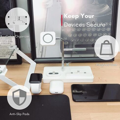حامل حامل ساعة Macally Airpod iPhone Apple Watch - منزل لأجهزتك - متوافق مع جميع أجهزة iPhone وiWatch وسلسلة Airpod - استخدم كابلات OEM فقط - حامل شحن الهاتف الخلوي 3 في 1 (أبيض) in Saudi Arabia
