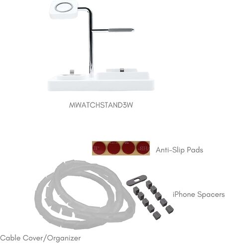 حامل حامل ساعة Macally Airpod iPhone Apple Watch - منزل لأجهزتك - متوافق مع جميع أجهزة iPhone وiWatch وسلسلة Airpod - استخدم كابلات OEM فقط - حامل شحن الهاتف الخلوي 3 في 1 (أبيض) in Saudi Arabia