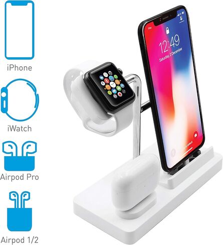 حامل حامل ساعة Macally Airpod iPhone Apple Watch - منزل لأجهزتك - متوافق مع جميع أجهزة iPhone وiWatch وسلسلة Airpod - استخدم كابلات OEM فقط - حامل شحن الهاتف الخلوي 3 في 1 (أبيض) in Saudi Arabia