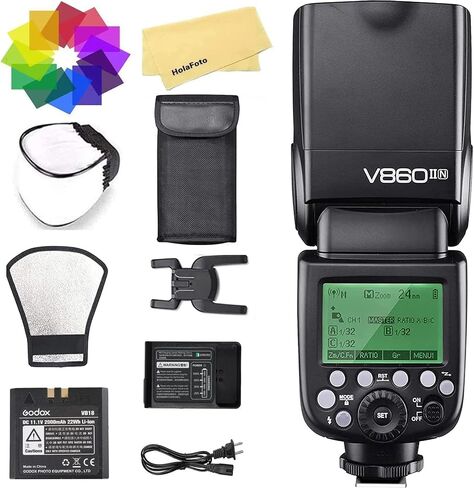 Godox V860II-N Camera Flash for Nikon Flash Speedlite Speedlight Light,2.4G HSS 1/8000s,650 Full-Power Flashes,11.1V/2000mAh Li-ion Battery,1.5s Recycle Time+12 Color Filters+Softbox+Diffuser+Refletor in Saudi Arabia