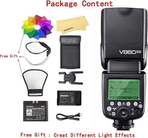 Godox V860II-N Camera Flash for Nikon Flash Speedlite Speedlight Light,2.4G HSS 1/8000s,650 Full-Power Flashes,11.1V/2000mAh Li-ion Battery,1.5s Recycle Time+12 Color Filters+Softbox+Diffuser+Refletor in Saudi Arabia