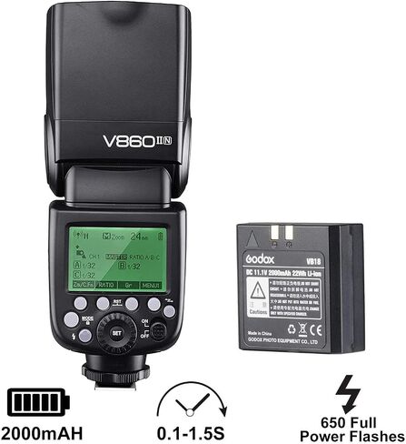 Godox V860II-N Camera Flash for Nikon Flash Speedlite Speedlight Light,2.4G HSS 1/8000s,650 Full-Power Flashes,11.1V/2000mAh Li-ion Battery,1.5s Recycle Time+12 Color Filters+Softbox+Diffuser+Refletor in Saudi Arabia