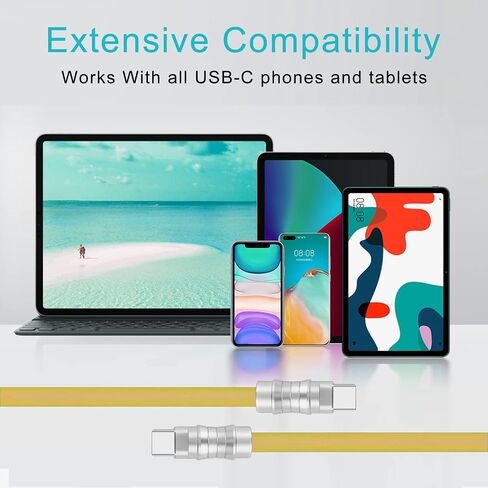 كابل WLGQ USB C إلى USB C، PD100W مادة سيليكون سائلة صديقة للبشرة، كابل شحن سريع لجهاز واجهة USB من النوع C، كابل شحن عالمي (أصفر - 10 أقدام) in Kuwait