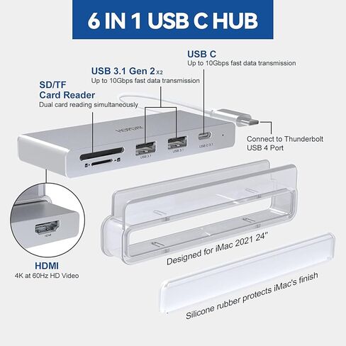 6 in 1 USB C Hub Adapter, HOPDAY iMac USB Hub for iMac 24 Inch 2021 iMac, Accessories with 4K HDMI, 10Gbps USB C and USB 3.1 Gen2 Type-A, SD/TF Card Readers for MacBook Air/Pro M1, Surface in Kuwait