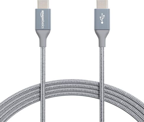 كابل شاحن سريع Amazon Basics USB-C إلى USB-C 2.0، سلك مجدول من النايلون، سرعة 480 ميجا بت في الثانية، معتمد من USB-IF، لهاتف Apple iPhone 15، iPad، Samsung Galaxy، الأجهزة اللوحية، أجهزة الكمبيوتر المحمولة، 10 أقدام، فضي in Saudi Arabia