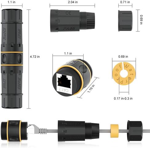 iwillink UL-Listed مقاوم للماء Cat7 RJ45 مقرنة، محمية أنثى إلى أنثى مقرنة إيثرنت مقاومة للماء، IP68 إيثرنت موصل كابل LAN خارجي لكابل إيثرنت Cat5e/Cat6/Cat6A/Cat7، (6 حزمة) in Kuwait