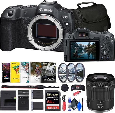 Canon EOS R8 Mirrorless Camera (5803C002) RF 24-105mm Lens + 64GB Memory Card + Filter Kit + Corel Photo Software + Bag + Charger + LPE17 Battery + Card Reader + Flex Tripod + More (Renewed) in Saudi Arabia