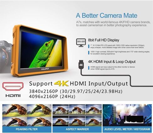 ليليبوت شاشة ميدانية A7s FHD 7 انش 4K مساعد كاميرا FHD 1920x1200 LCD IPS 4K HDMI حافظة مطاطية صفراء مع محول تيار متردد 12 فولت in Saudi Arabia