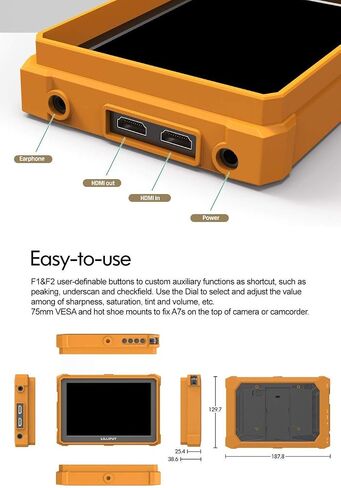ليليبوت شاشة ميدانية A7s FHD 7 انش 4K مساعد كاميرا FHD 1920x1200 LCD IPS 4K HDMI حافظة مطاطية صفراء مع محول تيار متردد 12 فولت in Saudi Arabia