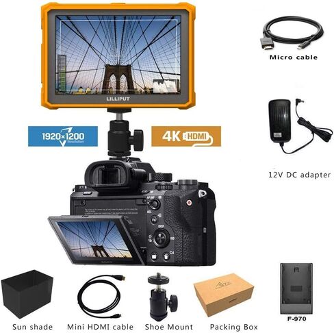 ليليبوت شاشة ميدانية A7s FHD 7 انش 4K مساعد كاميرا FHD 1920x1200 LCD IPS 4K HDMI حافظة مطاطية صفراء مع محول تيار متردد 12 فولت in Saudi Arabia