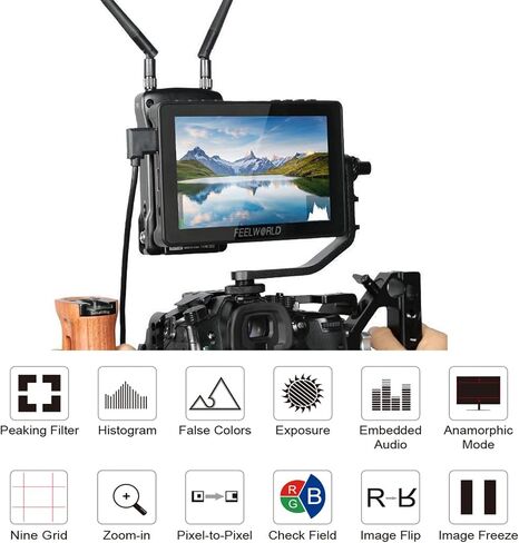 كاميرا FEELWORLD F5 Pro V4 مقاس 6 بوصة تعمل باللمس DSLR مع LUT ثلاثي الأبعاد، IPS FHD 1920x1152 مع تثبيت F970 ومجموعة الطاقة لنقل لاسلكي خارجي + ضوء LED in Saudi Arabia