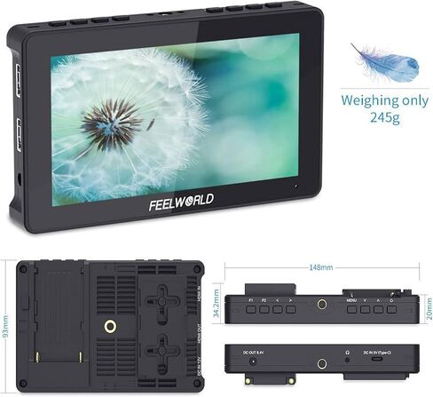 كاميرا FEELWORLD F5 Pro V4 مقاس 6 بوصة تعمل باللمس DSLR مع LUT ثلاثي الأبعاد، IPS FHD 1920x1152 مع تثبيت F970 ومجموعة الطاقة لنقل لاسلكي خارجي + ضوء LED in Saudi Arabia