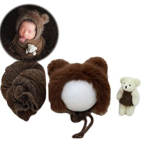 Zeroest Baby Photography Props Bear Hats Blanket Outfits Set (Coffee) | Knit Stretch Wrap & Bear & Bear Bonnet for Newborn Photography, Infant Photo Shoot Outfit Prop in Saudi Arabia