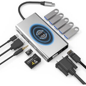 Powerbear 13-in-1 Docking Station, Multiport Adapter with HDMI, VGA, 5 USB Ports, Ethernet, SD/TF Card Reader, USB C to 3.5mm Audio, USB C Hub for Lenovo/HP/Dell/MacBook in Kuwait