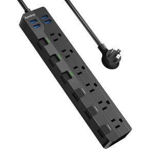 شريط طاقة USB SUPERDANNY مزود بمفاتيح فردية، سلك تمديد قابل للتركيب بطول 6.5 قدم حماية متعددة 6 منافذ و4 منافذ USB لأجهزة iPhone iPad PC والمنزل والمكتب والسفر باللون الأبيض الفاتح in Kuwait