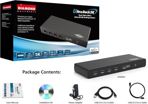 مخرج فيديو مزدوج للوسائط المتعددة من Diamond، وقاعدة إرساء عالمية USB 3.0/2.0 مع جيجابت إيثرنت، وHDMI، وDVI، وصوت لنظام التشغيل Windows 11، وMacOS، وAndroid 5.0+. شريحة عرض DL-3900 المعتمدة in Kuwait