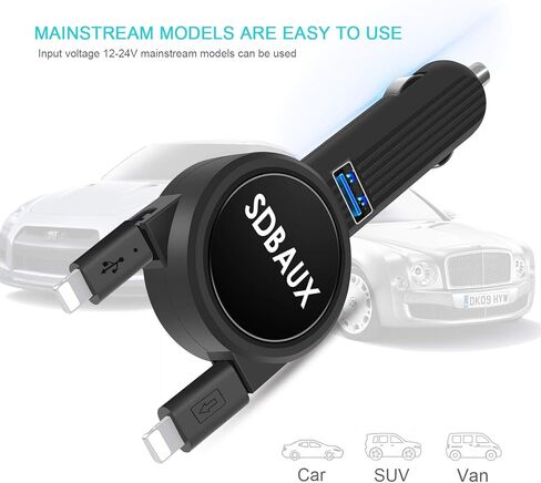 شاحن سيارة SDBAUX، شحن سريع 3.1 أمبير/15 وات مع كابل مزدوج قابل للسحب 2.3 قدم، متوافق مع الهاتف 14 13 12 11 Pro XS Max XR X 8 7 6 Plus 5s، منفذ USB واحد متوافق مع جميع أجهزة شحن USB in Kuwait