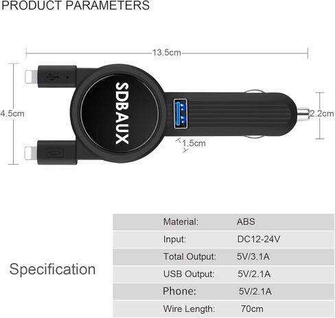شاحن سيارة SDBAUX، شحن سريع 3.1 أمبير/15 وات مع كابل مزدوج قابل للسحب 2.3 قدم، متوافق مع الهاتف 14 13 12 11 Pro XS Max XR X 8 7 6 Plus 5s، منفذ USB واحد متوافق مع جميع أجهزة شحن USB in Kuwait