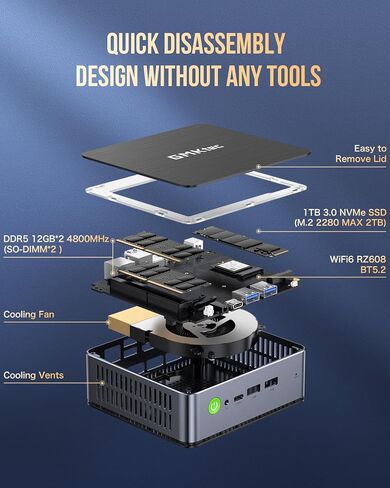 GMKtec Mini PC Intel Core i7-12650H 24GB DDR5 1TB SSD Desktop Gaming Mini Computers Windows 11 Pro 4K, Type C, WiFi 6, BT 5.2, RJ45 1000M in Saudi Arabia