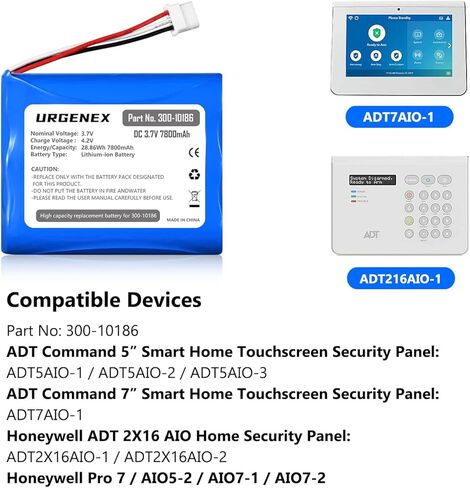 بطارية بديلة URGENEX ADT بقدرة 7800 مللي أمبير في الساعة مطورة ذات سعة عالية 300-10186 3.7 فولت بطارية ليثيوم أيون متوافقة مع لوحة الأمان الذكية لأمر ADT بقدرة 28.86 وات في الساعة in Kuwait