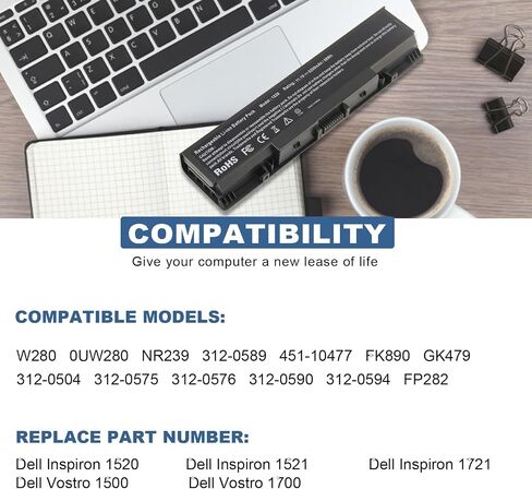 بطارية كمبيوتر محمول لجهاز Dell Inspiron 1521 1520 1721 pp22l pp22x؛ Dell Vostro 1500 1700، يناسب P/N W280 0UW280 NR239 312-0589 451-10477 FK890 GK476 GK479 312-0504 312-0575 312-0576 312-0590 312-0594 FP282 in Kuwait